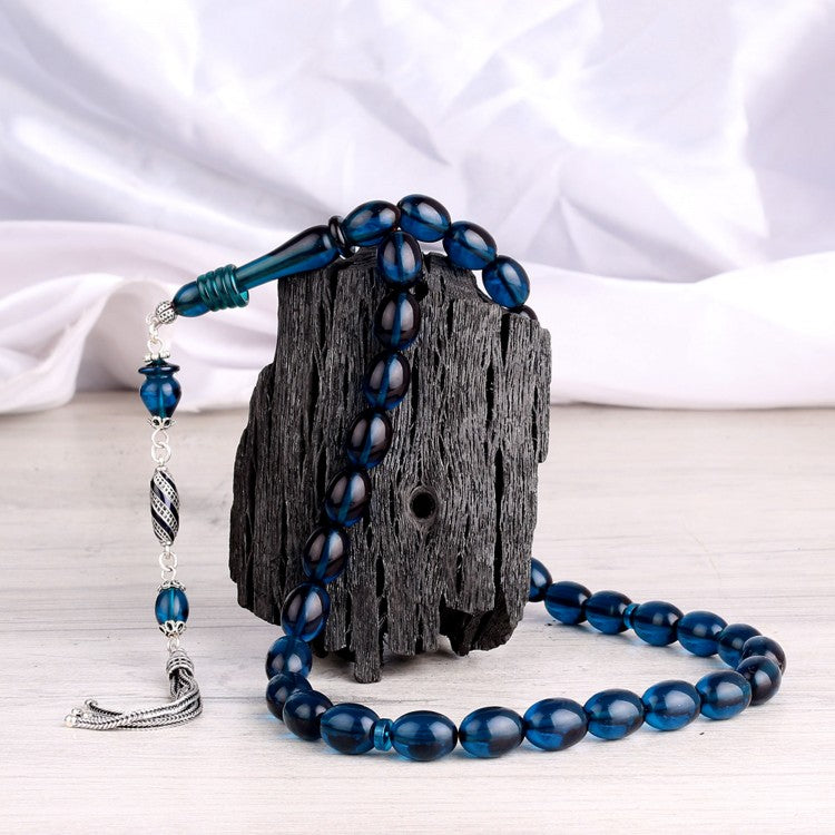 Mineli Püsküllü Mavi Ateş Kehribar Tesbih