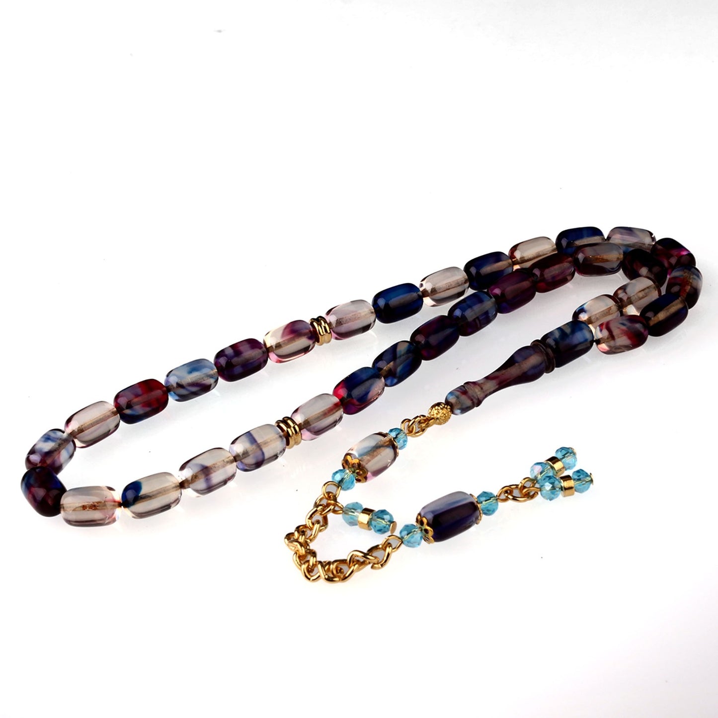 Ebruli Ateş Kehribar Tesbih Metal Parçalı Püskül (Turkuaz Kristalli)