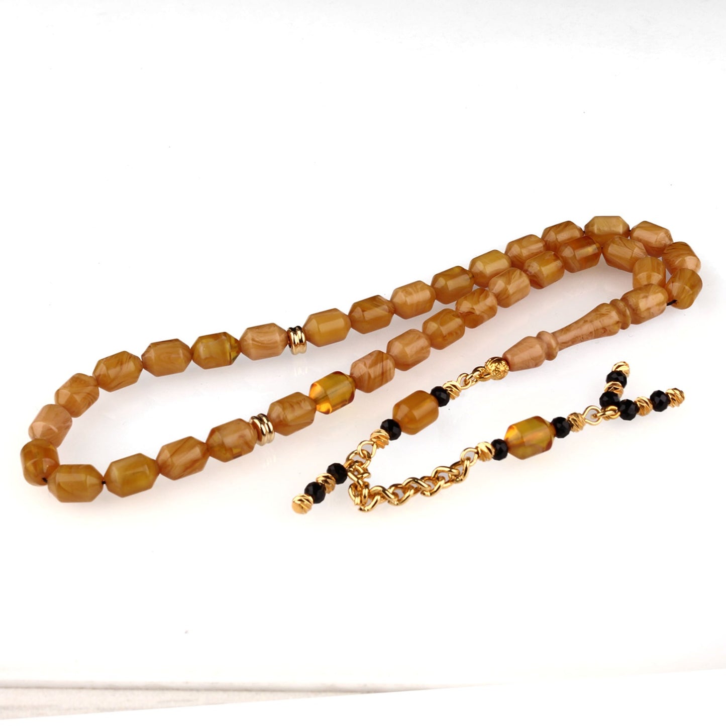 Bal Rengi Damarlı Ateş Kehribar Tesbih Metal Parçalı Zincir Püskül