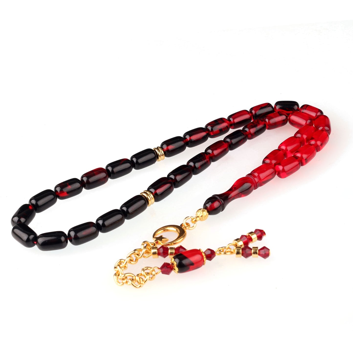 Ateş Kehribar Tesbih Kırmızı Siyah Ay Yıldız Püsküllü