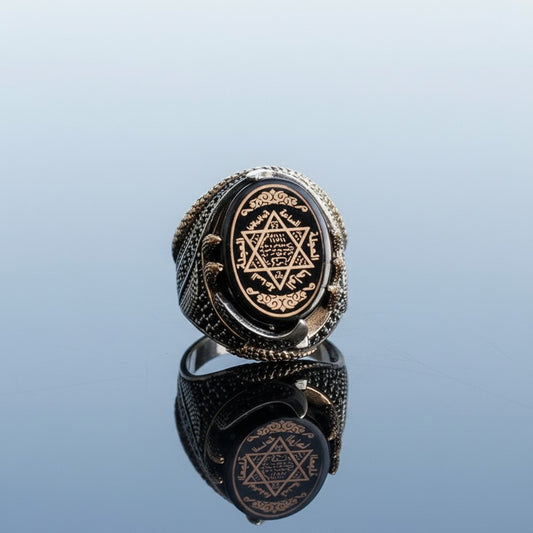 925 Ayar Gümüş Sıkma Kehribar Taşlı Hz. Süleyman Mührü Erkek Yüzük