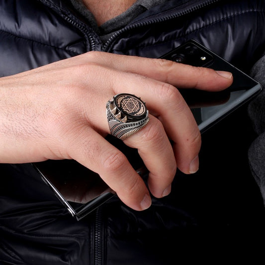 925 Ayar Gümüş Sıkma Kehribar Taşlı Hz. Süleyman Mührü Erkek Yüzük