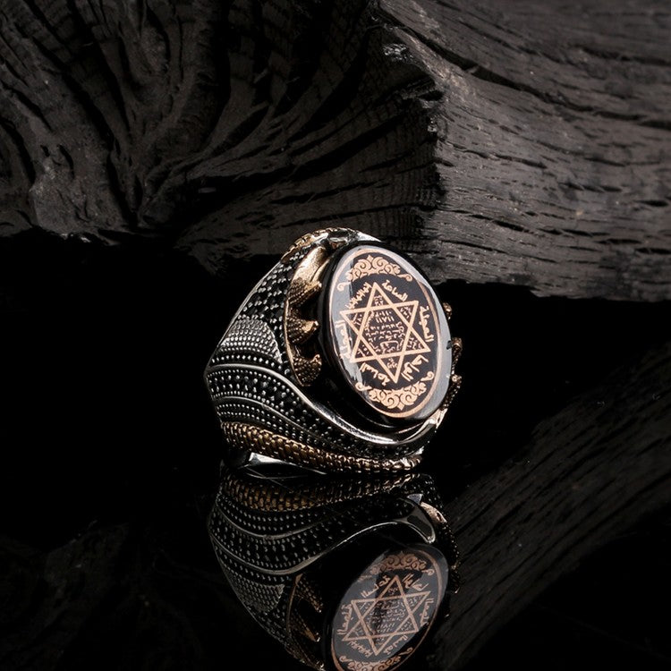 925 Ayar Gümüş Sıkma Kehribar Taşlı Hz. Süleyman Mührü Erkek Yüzük