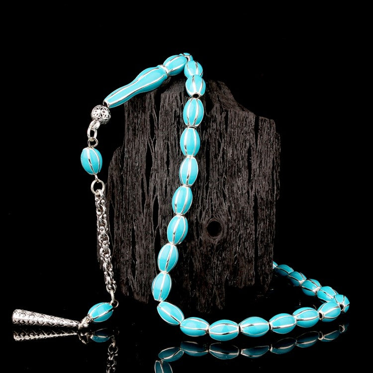 Turkuaz Mine İşlemeli Metal 6 Yarma Tesbih