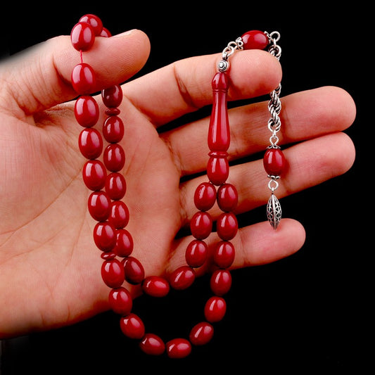 925 Ayar Gümüş Püsküllü Bordo Ateş Kehribar Tesbih