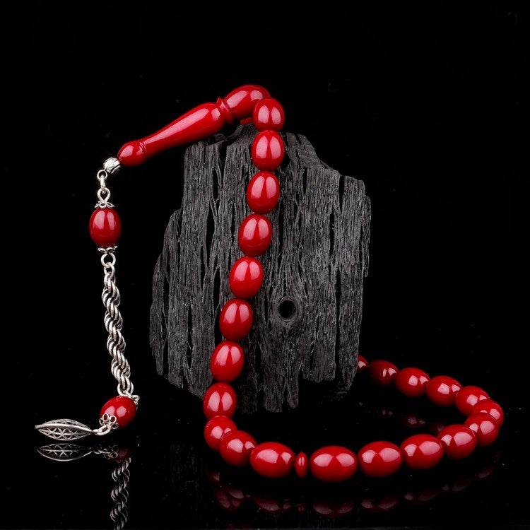 925 Ayar Gümüş Püsküllü Bordo Ateş Kehribar Tesbih