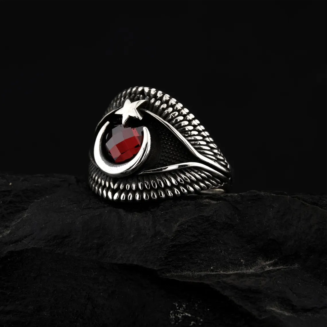 Red Stone Crescent Star Men’s Ring | 925 Sterling Silver