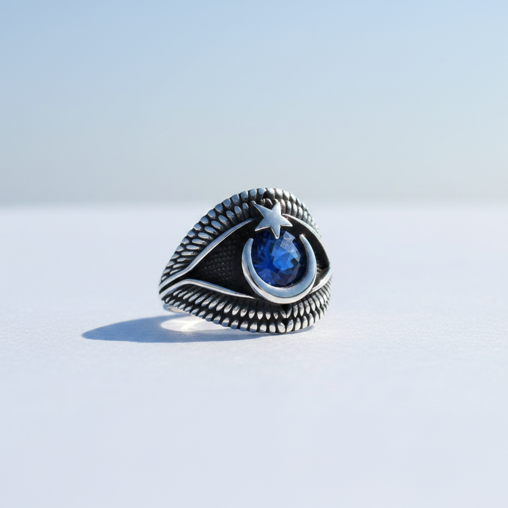 Herrenring mit Blauem Stein und Halbmond Stern | 925 Silber