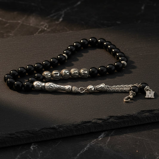 Doğal Oniks Taşlı 33’lü İsimli Tesbih Not Yazılı Ahşap Kutulu