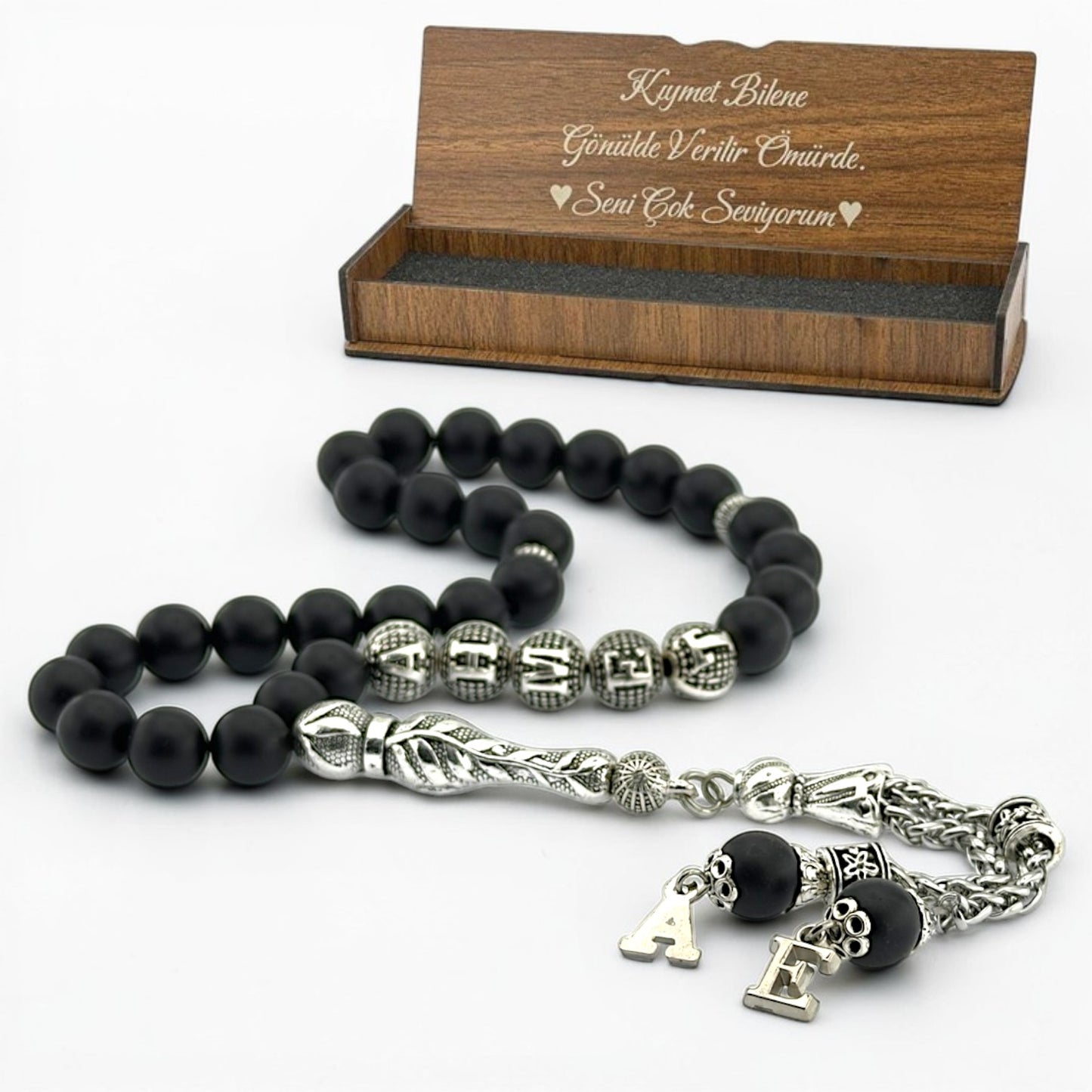 Doğal Oniks Taşlı 33’lü İsimli Tesbih Not Yazılı Ahşap Kutulu -1