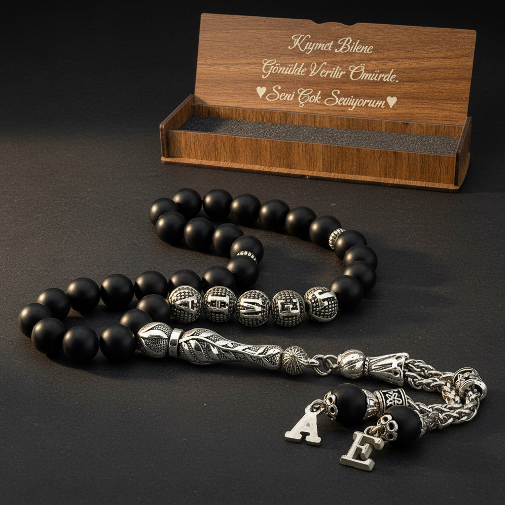 Personalized Tesbih | Onyx Stone | Wooden Box