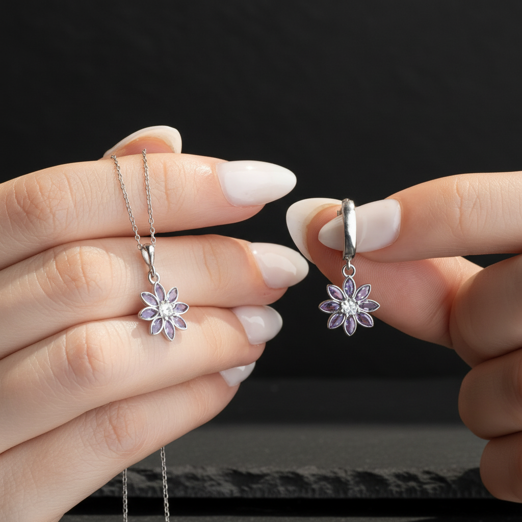 Purple Stone Lotus Jewelry Set (Necklace-Cup)-925 Sterling Silver