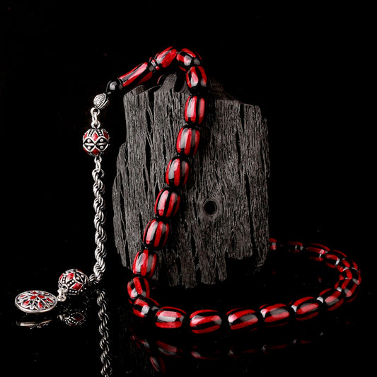 925 Ayar Gümüş Püsküllü Mineli Ateş Kehribar Tesbih