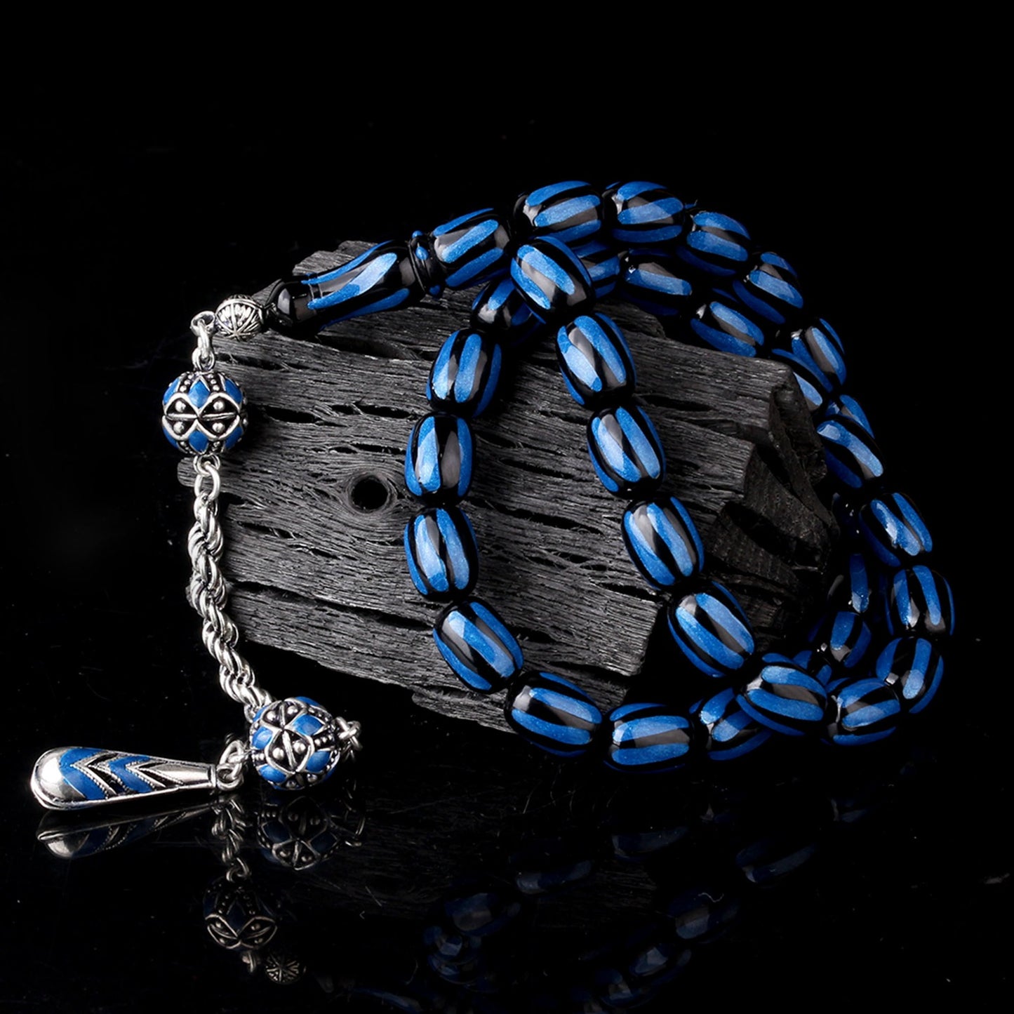 925 Ayar Gümüş Püsküllü Mineli Ateş Kehribar Tesbih