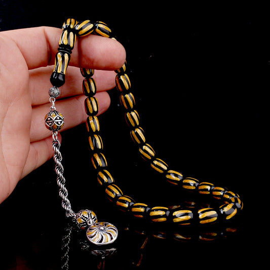 925 Ayar Gümüş Püsküllü Mineli Ateş Kehribar Tesbih-4