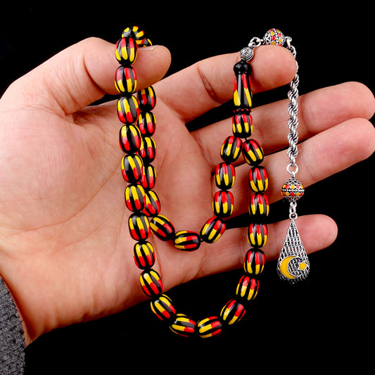 925 Ayar Gümüş Püsküllü Mineli Ateş Kehribar Tesbih-6