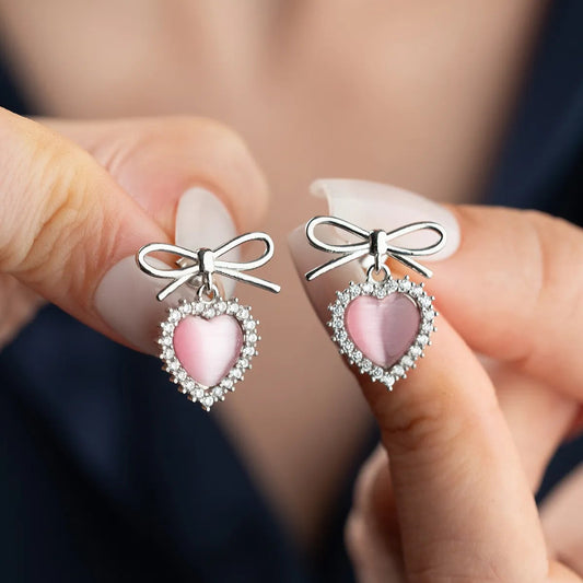 925 Ayar Gümüş Fiyonklu Pembe Kalp Küpe