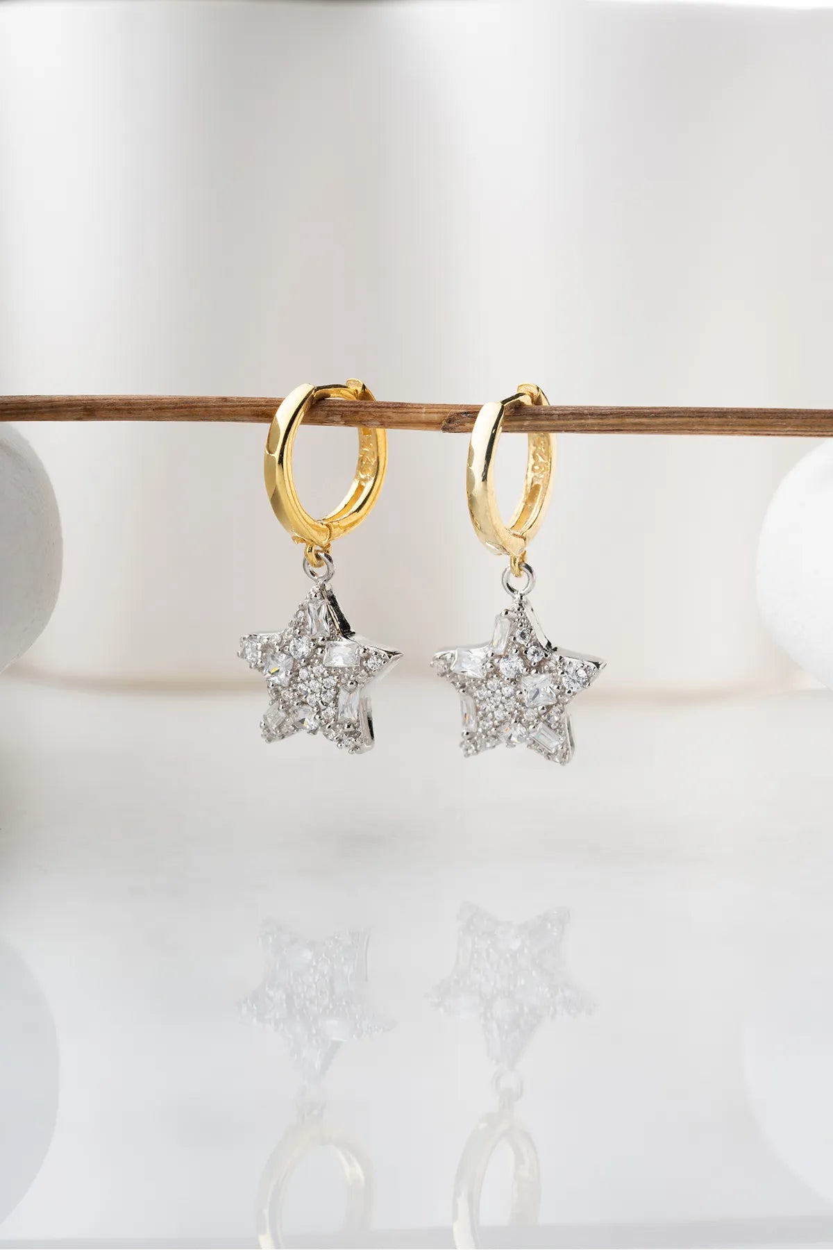 925 Sterling Silver Baguette Stone Star Earrings