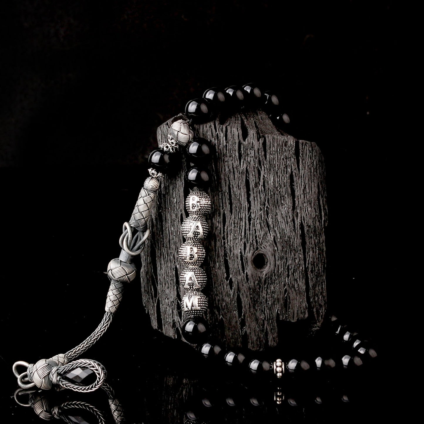 Isim Written Black Fire Amber Rosary - 925 Sterling Silver