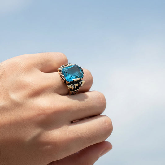 Blue Zircon Stone Men's Silver Ring
