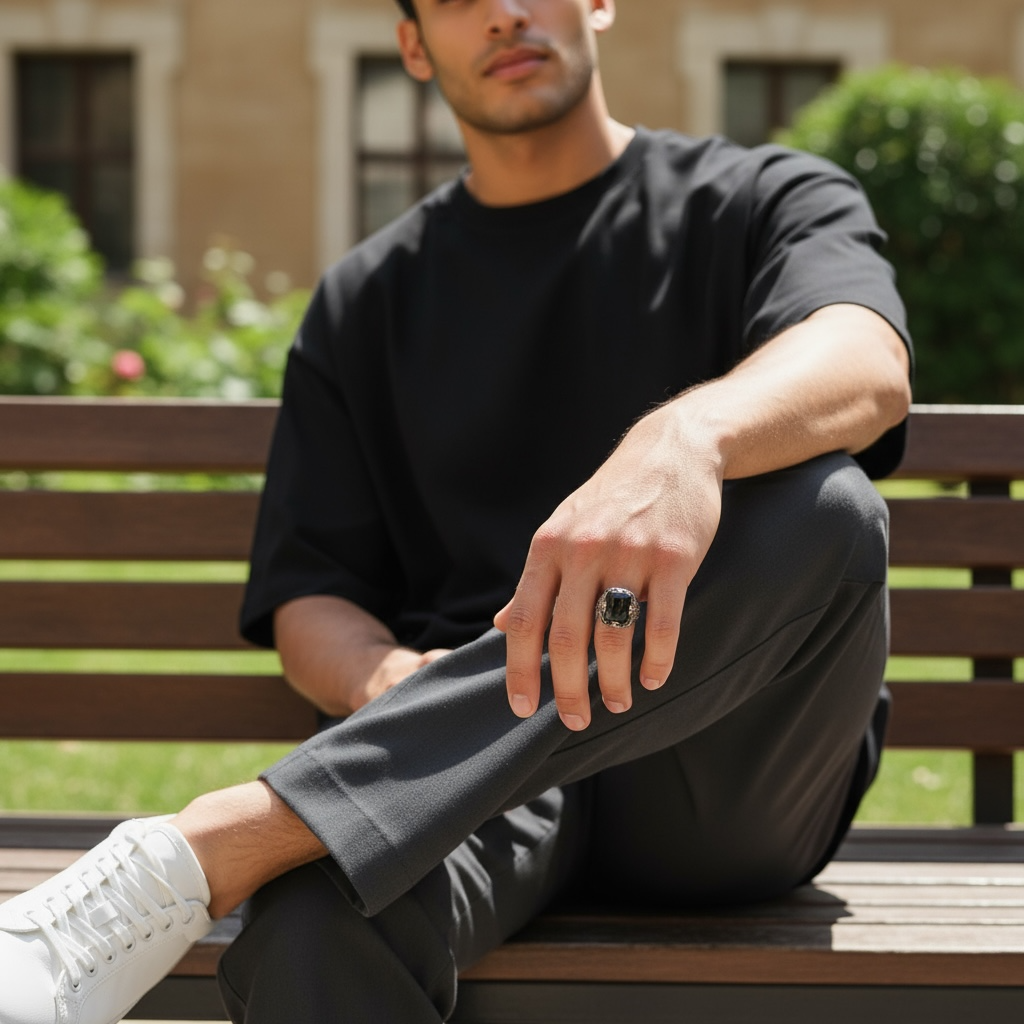 Black Zircon Stone Men's Silver Ring