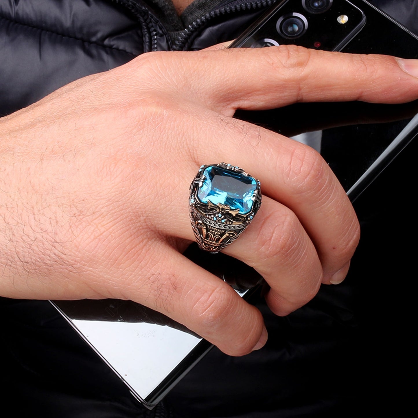 Blauer Topas Stein Herrenring Sterlingsilber