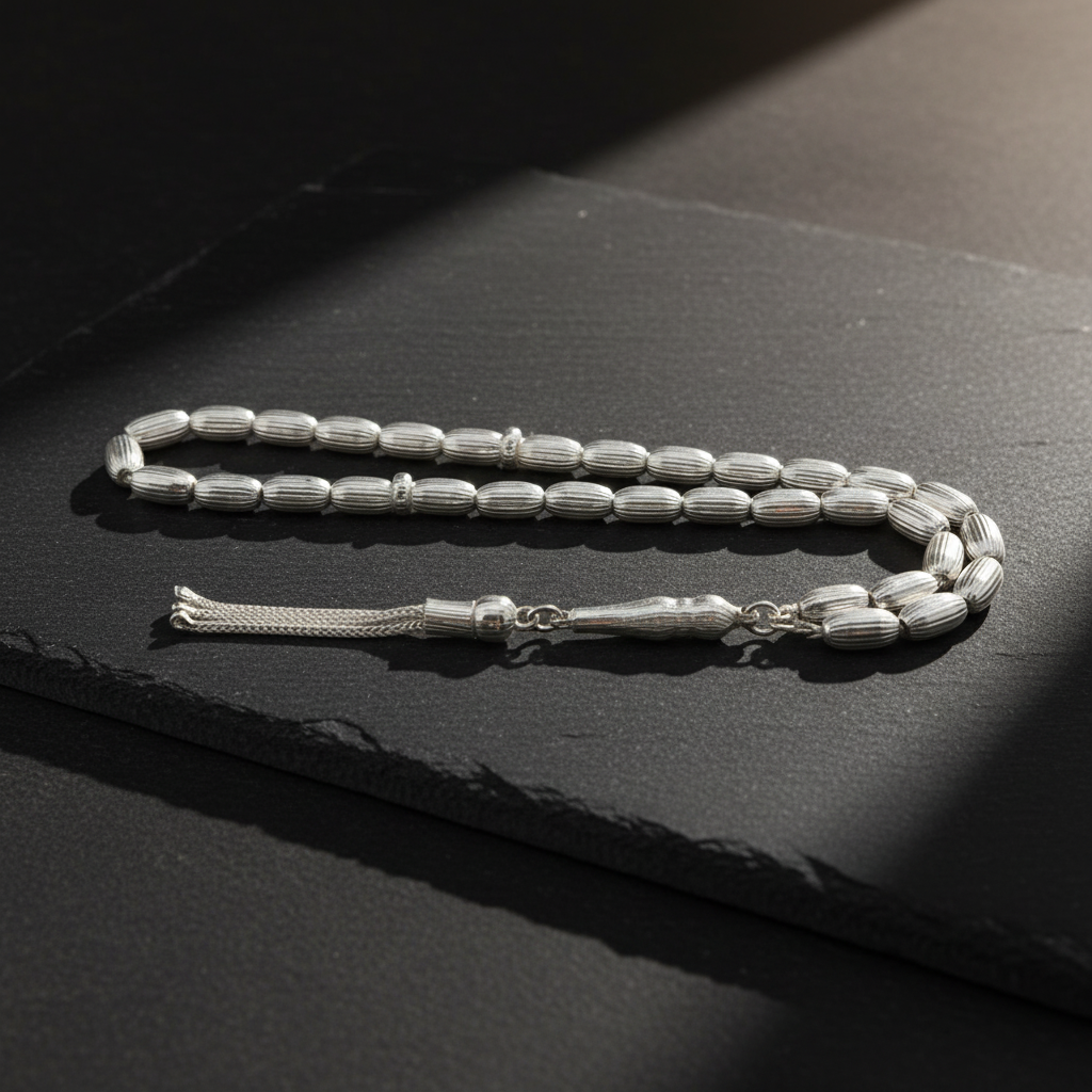 925 Sterling Silver Striped Capsule Cutting Rosary