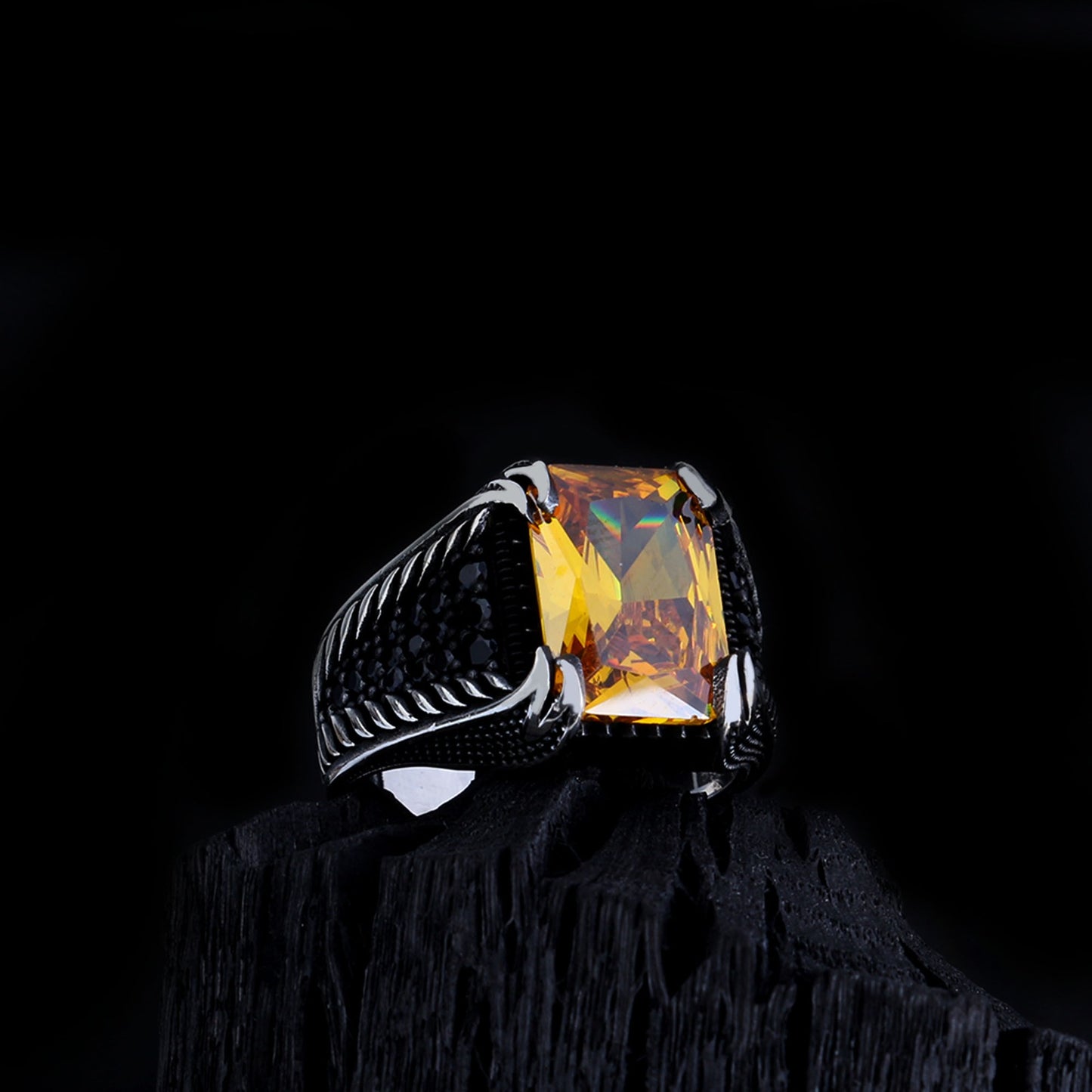 Yellow Zircon Stone Men's Silver Ring