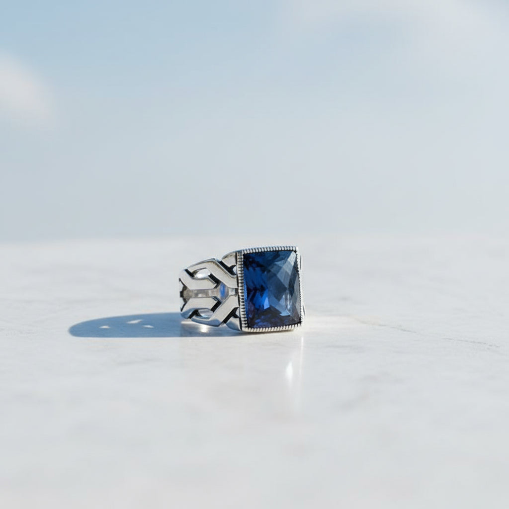 Mavi Zirkon Taşlı Erkek Gümüş Yüzük