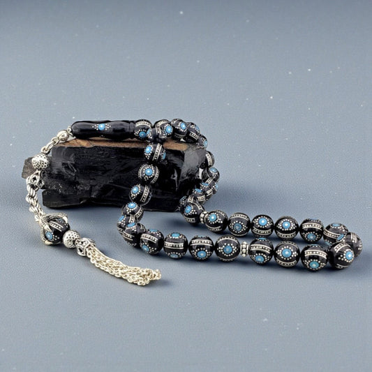 El İşçiliği Mavi Mineli Erzurum Oltu Yoğun Gümüş Işlemeli Tesbih