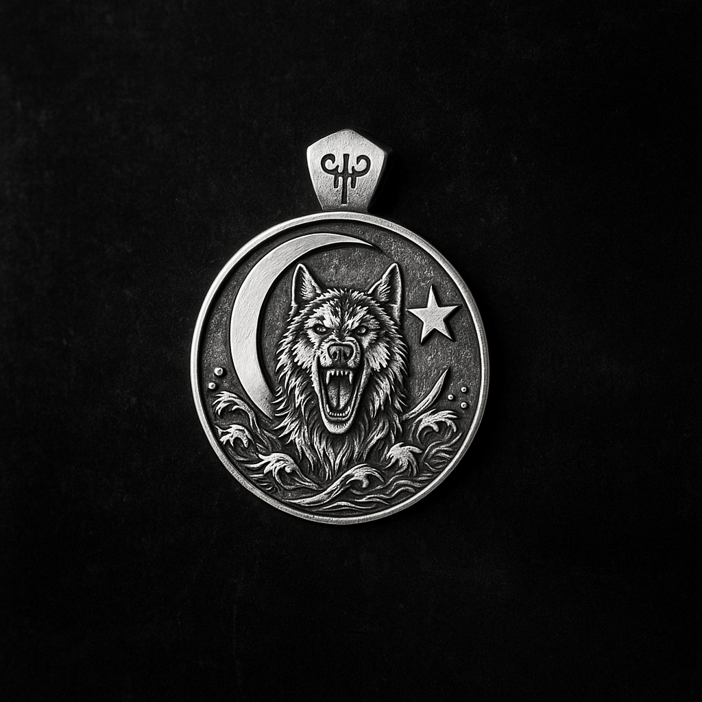 Silberne Halskette mit Wolf, Mond und Stern