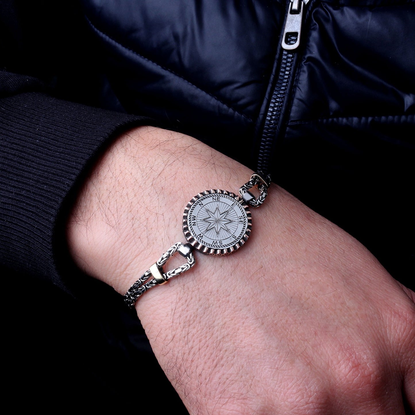 King Chain Compass Star Silver Bracelet