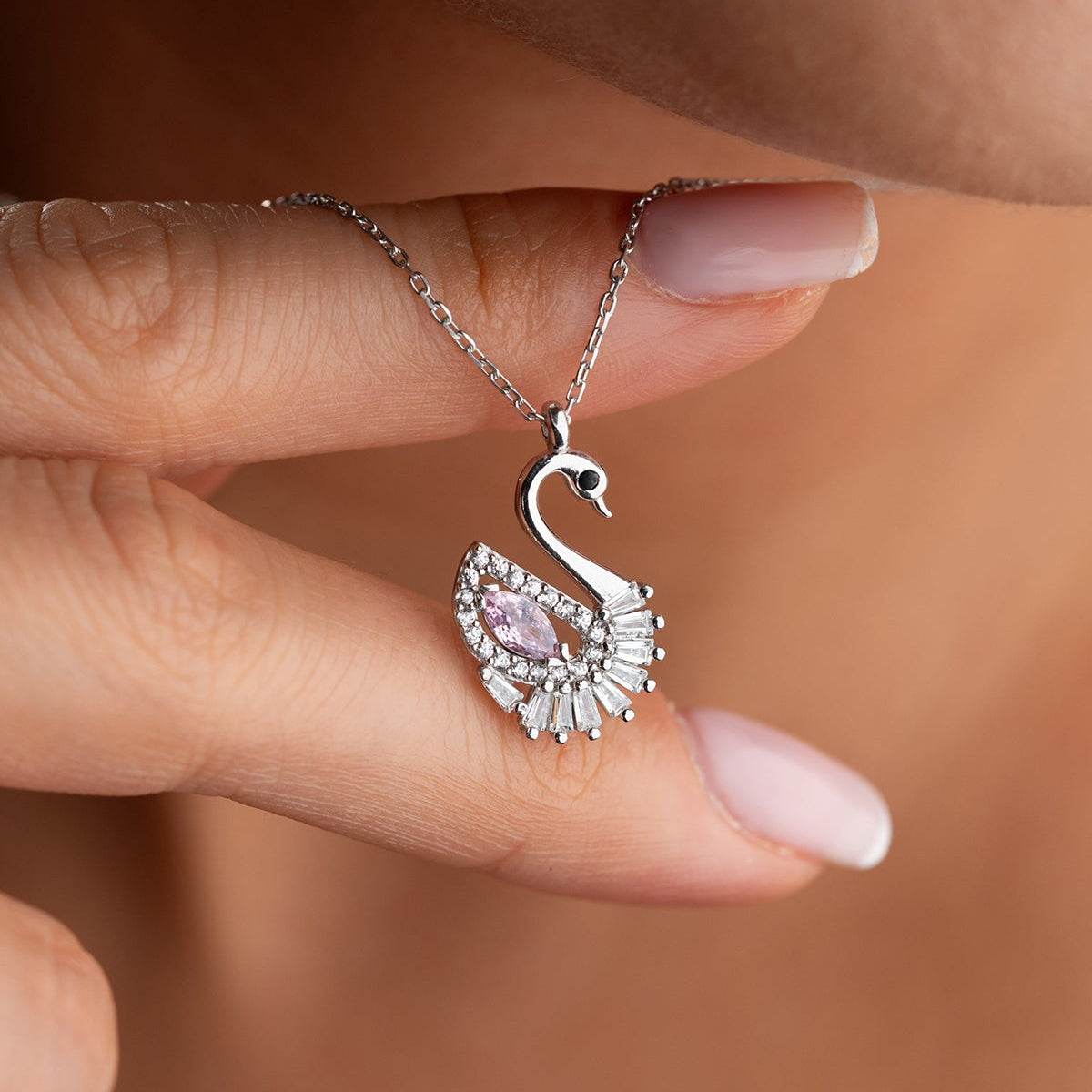 Kuğu Kolye Pembe Zirkon Taşlı | 925 Ayar Gümüş
