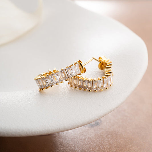 Boucles d'oreilles à anneau en pierre de zircon - 925 argent sterling - plaqué or