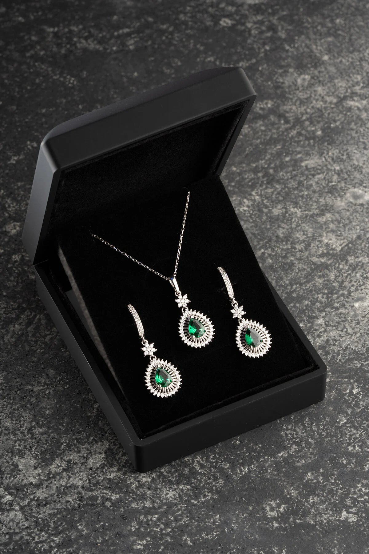 Parure Collier & Boucles Pierre Verte Émeraude | Argent 925