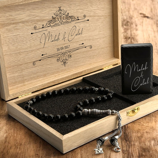 8mm Oniks Taşlı GümüşTesbih & Kişiye Özel Çelik Çakmak Seti