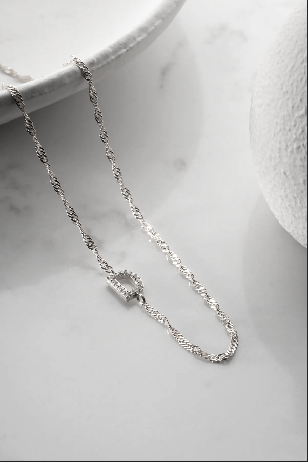 925 Sterling Silver Stone Letter Detailed Necklace