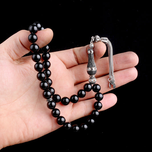 Globe cut black zircon stone fire amber rosary