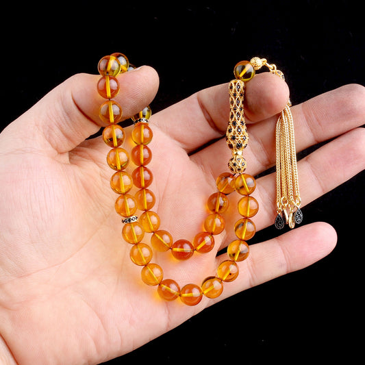 925er Silber Gebetskette – Kugelschliff Schwarzer Zirkonia & Feuerbernstein