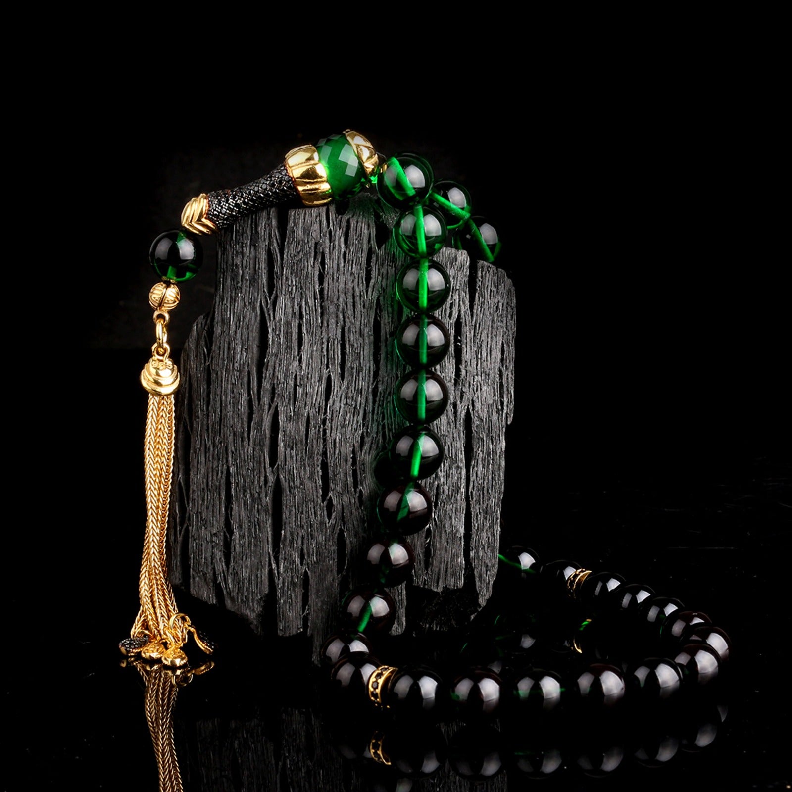 Green Black Fire Amber Prayer Beads 925 Sterling Silver