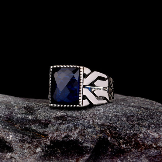 Blue Zircon Stone Men's Silver Ring