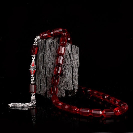 Kırmızı Faset Kesim Damla Kehribar Tesbih – Gümüş Püsküllü