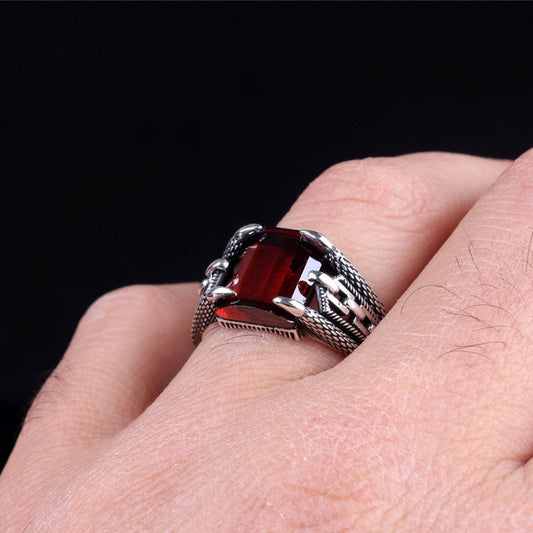 Red Zircon Stone Men's Silver Ring