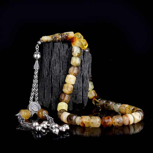 Fossilli damla Amber Tesbih - 925 Coupe de capsule à glands en argent sterling