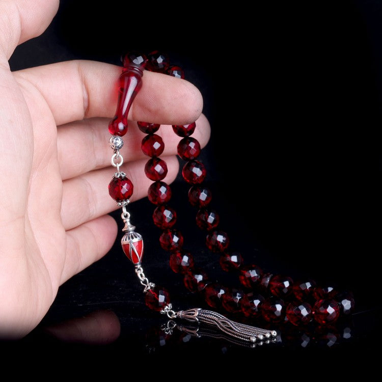 Red Facet Cut Drop Amber Rosary
