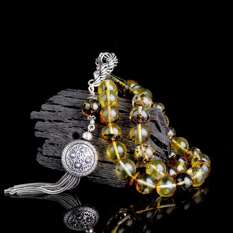 Bernstein-Gebetskette (Tesbih) mit Fossilien und Kugelförmigen Perlen