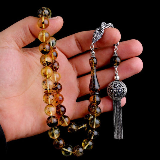 Globe Cut Fossil Damla Drop Amber Rosary - 925 réglage gumus