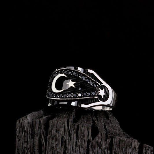 Moon Star Black Zircon Stone Men's Silver Ring