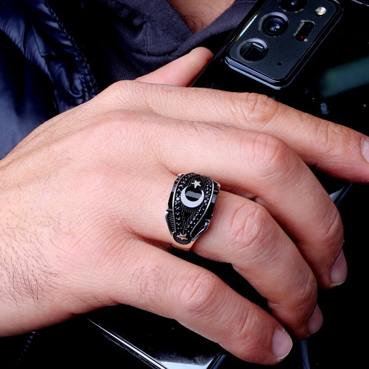 Moon Star Black Zircon Stone Men's Silver Ring