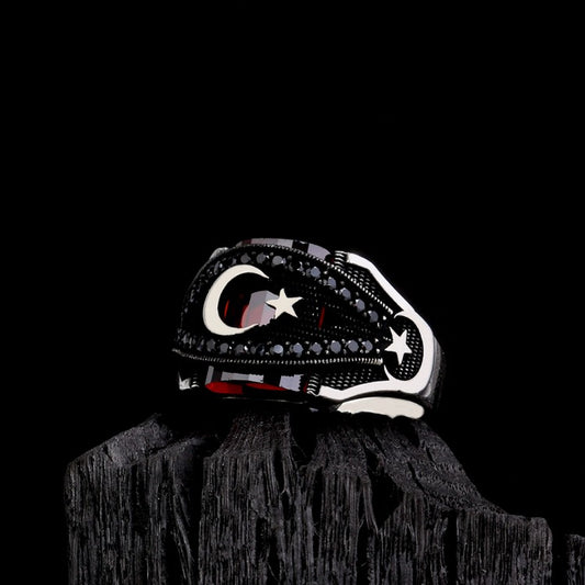 Moon Star Red Zircon Stone Men's Silver Ring